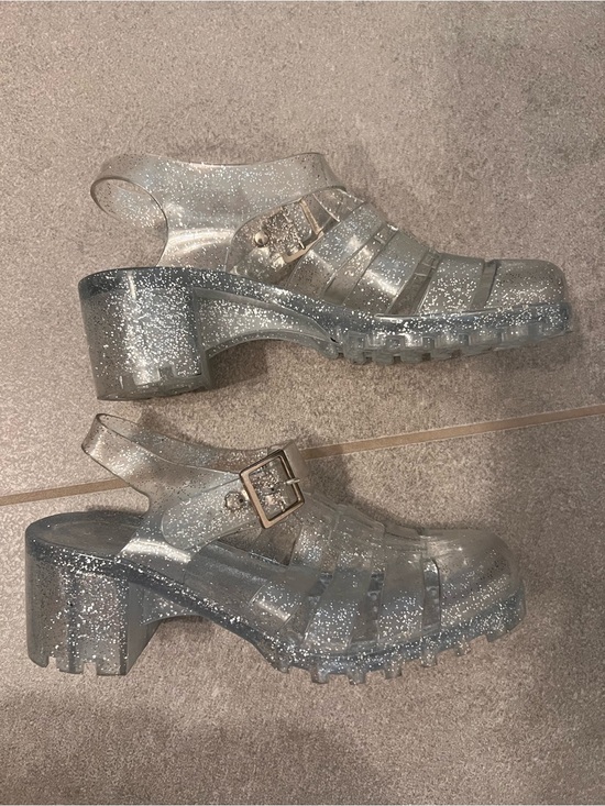 Shoes - Clear Silver Glitter Jelly Heeled Sandals - Y2K Platform Chunky Sparkle Sandals